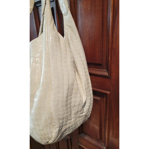 CHI By Carlos Falchi Croc Embossed Beige Leather Hobo Shoulder Bag w/ Dustbag - Picture 3 of 11